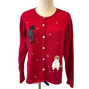 Vintage Talbots Red Sweater Cardigan Embroidered Dogs Fall Leaves Medium